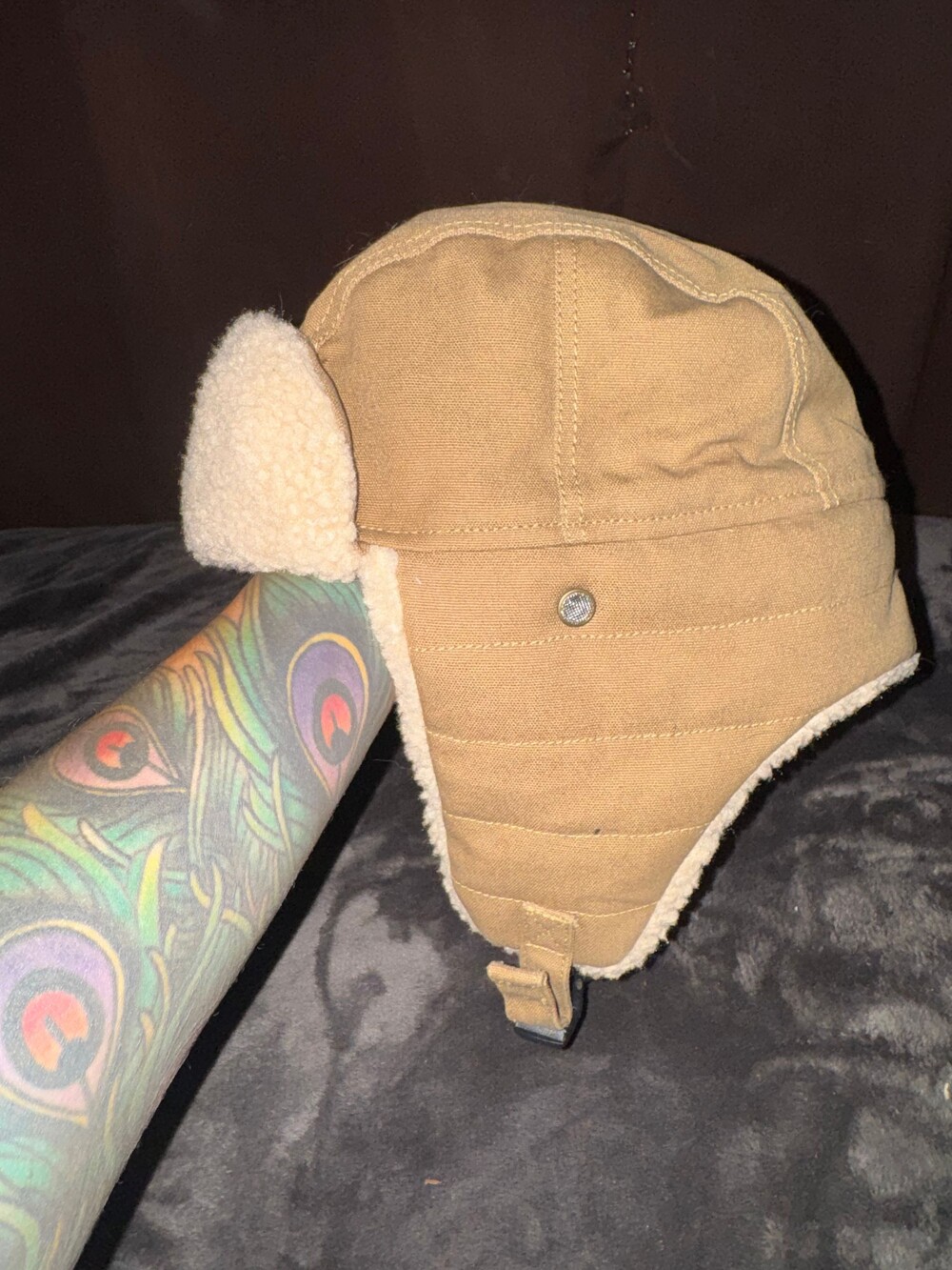 Tan Sherpa Lined Trapper Hat with Adjustable Strap